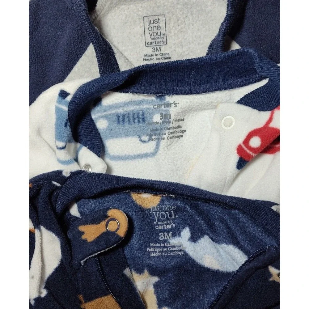 3 Carter's Fleece 3 Mos Footed Sleeper Lot‎ Daddy's All Star Monkey Car Bear Boy